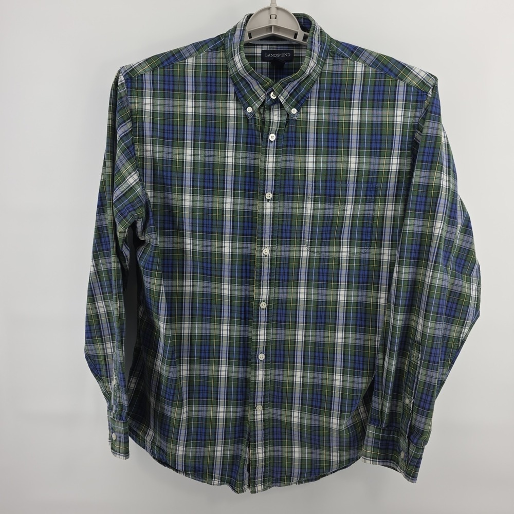 Lands' End Men's L 16-16.5 Traditional Fit Plaid Button Down Shirt Green Blue